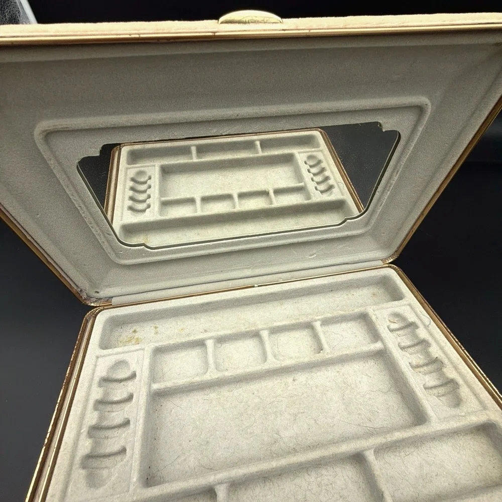 Vintage Velvet Jewelry Box Gold Tone Metal Trim Hinged Lid Mirror